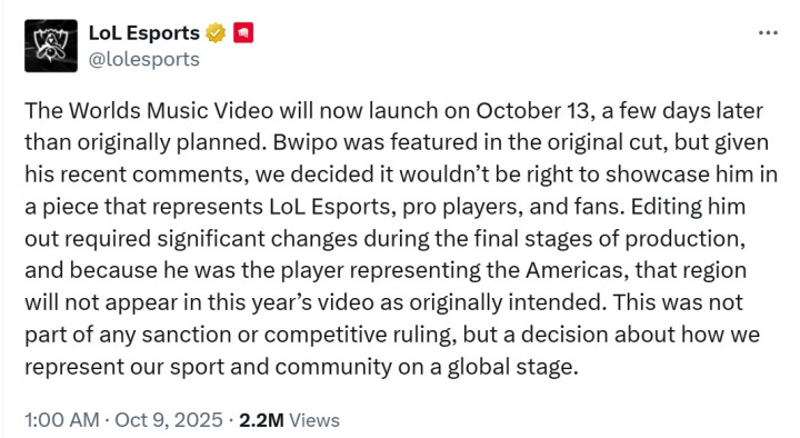 S15世界赛主题曲MV将延迟发布：Bwipo因性别歧视言论而被删除戏份